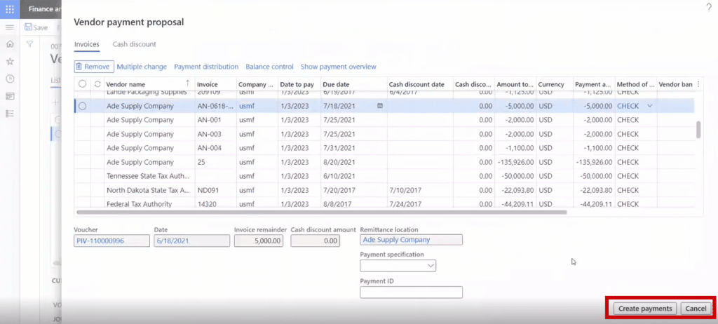 Vendor Payment Proposal in Dynamics 365 Finance and Operations - Create Payments