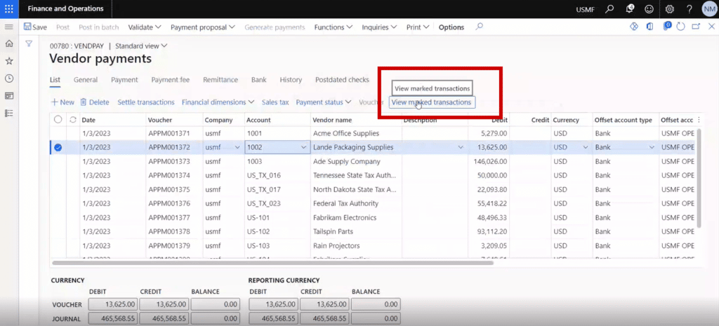Vendor Payment Proposal in Dynamics 365 Finance and Operations - View Marked Transactions