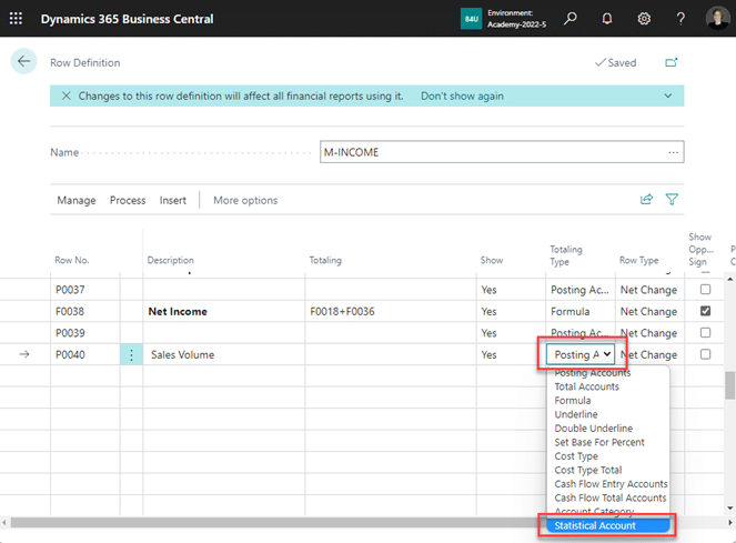 Statistical Accounts with Dynamics 365 Business Central Totalling Field