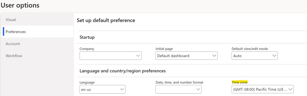 Change time zone in Dynamics 365 Finance and Operations user options