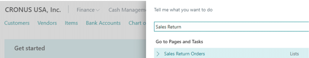 Return Sales Order Dynamics 365 Business Central search