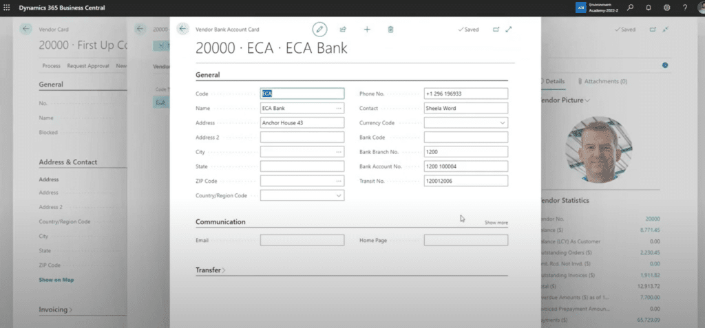 EFT payments in Dynamics 365 Business Central vendor account information