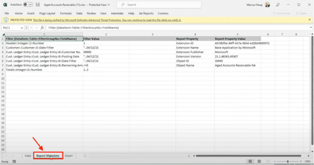 Excel Reports Dynamics 365 Business Central metadata tab