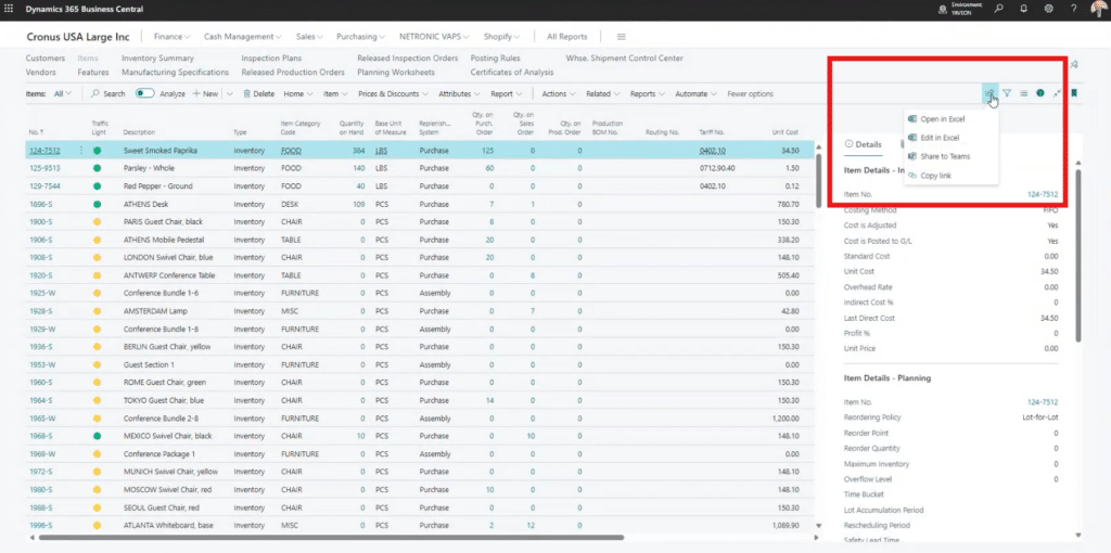 Business Central Excel and Teams integration