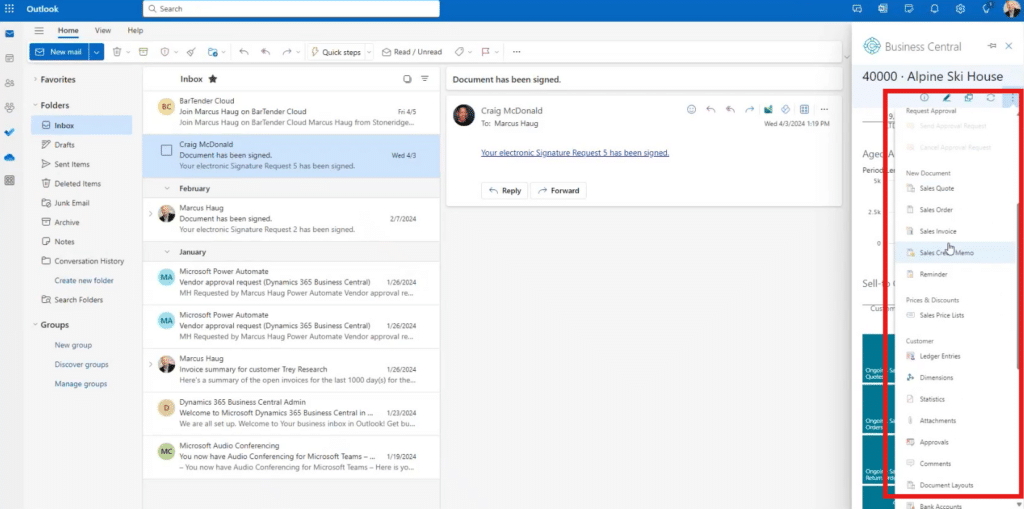 Business Central M365 Create documents in Outlook