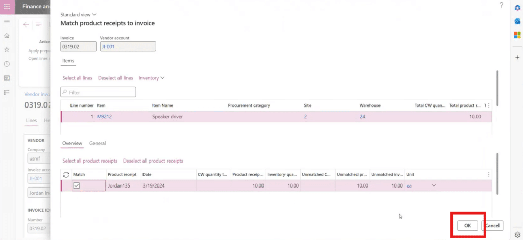 Match product receipts click ok