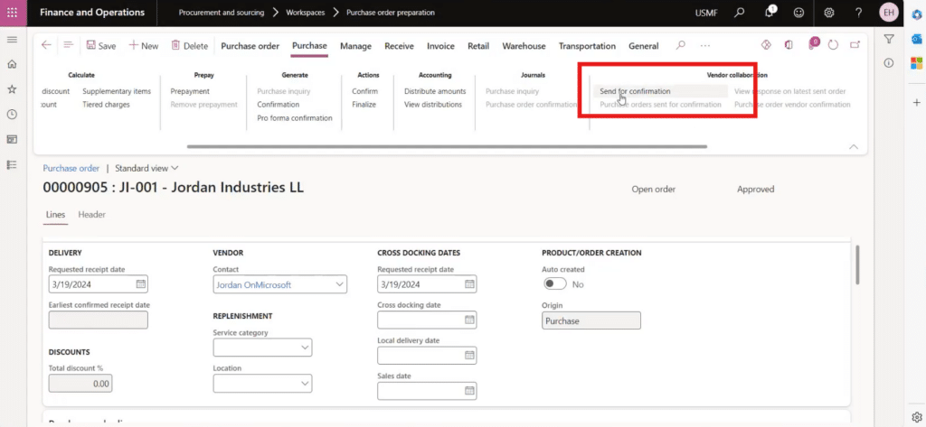 Purchase order send for confirmation