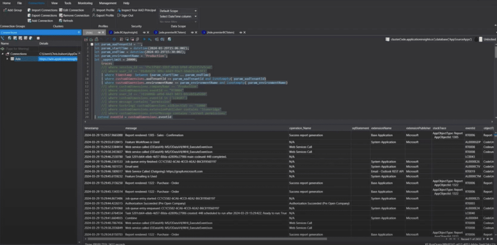 Business Central Telemetry Kusto query