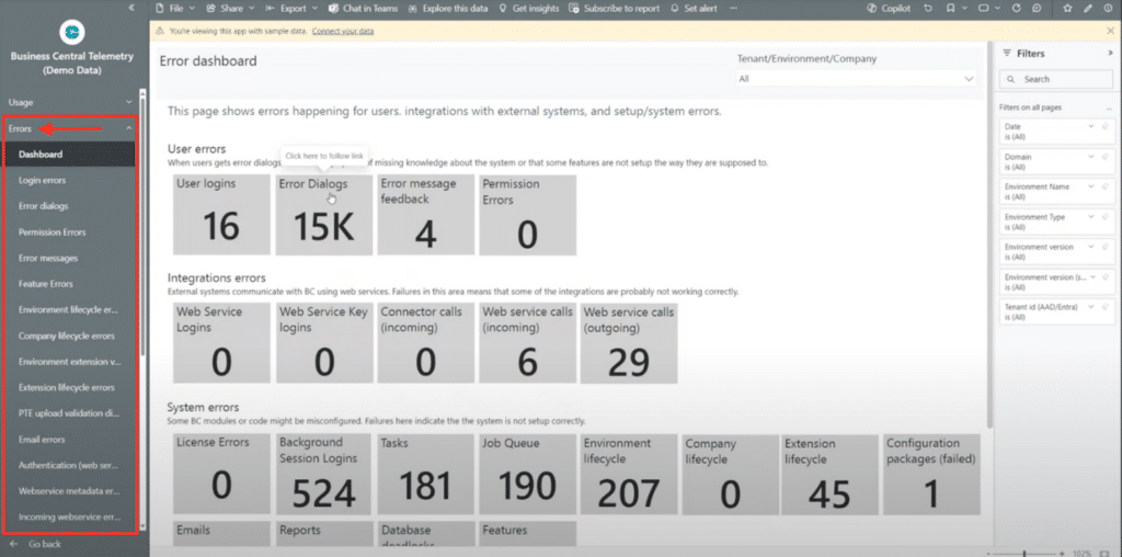 Business Central Telemetry Power BI errors