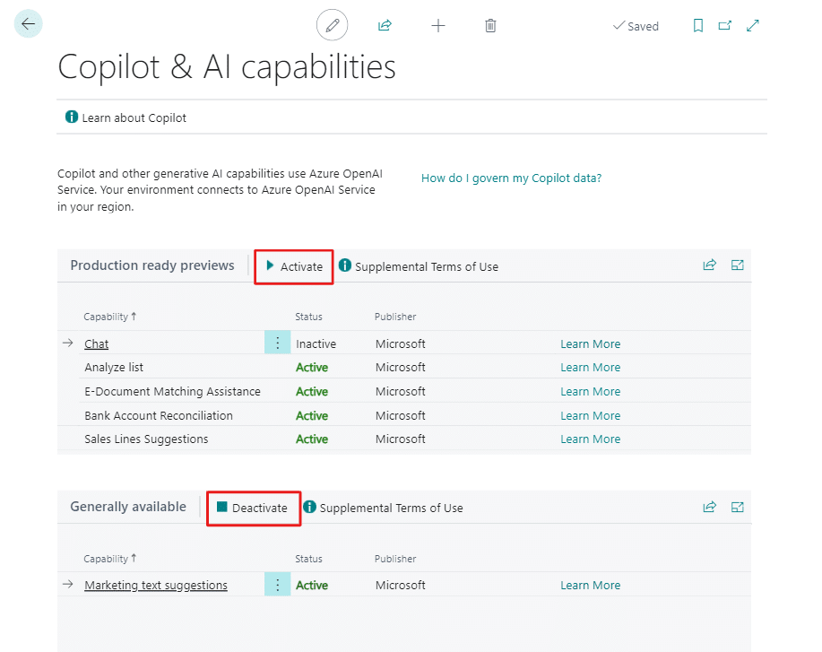 Copilot Features activate deactivate