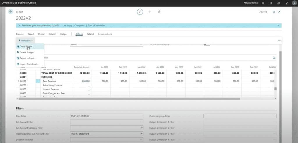 Copy budget in Business Central