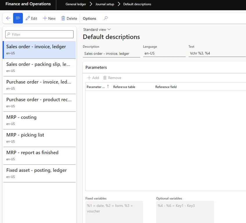 Default descriptions in Dynamics 365 sales invoice parameters