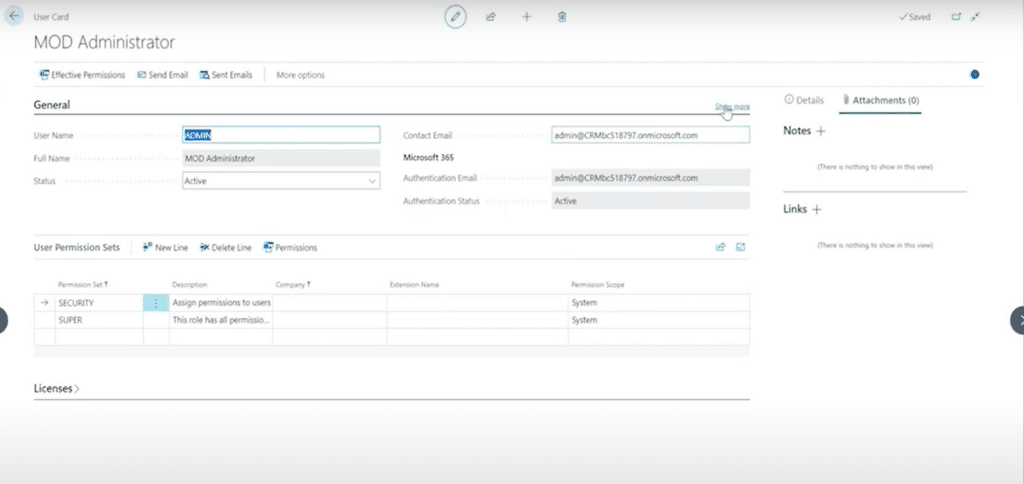 Permission sets in Business Central User Card