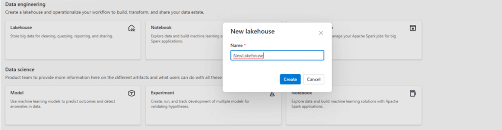 Creating a new lakehouse in Microsoft Fabric