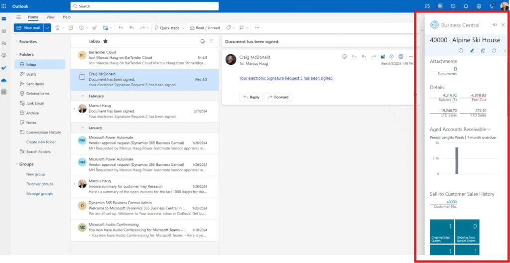 Business Central Pane in Outlook