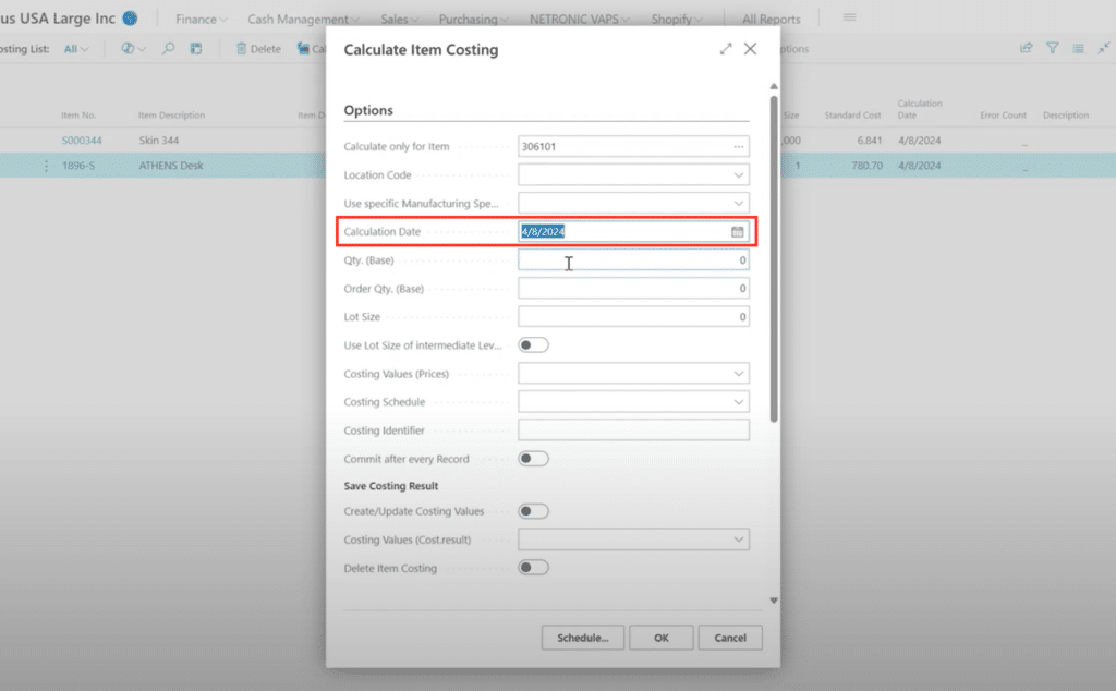 Calculate item costing