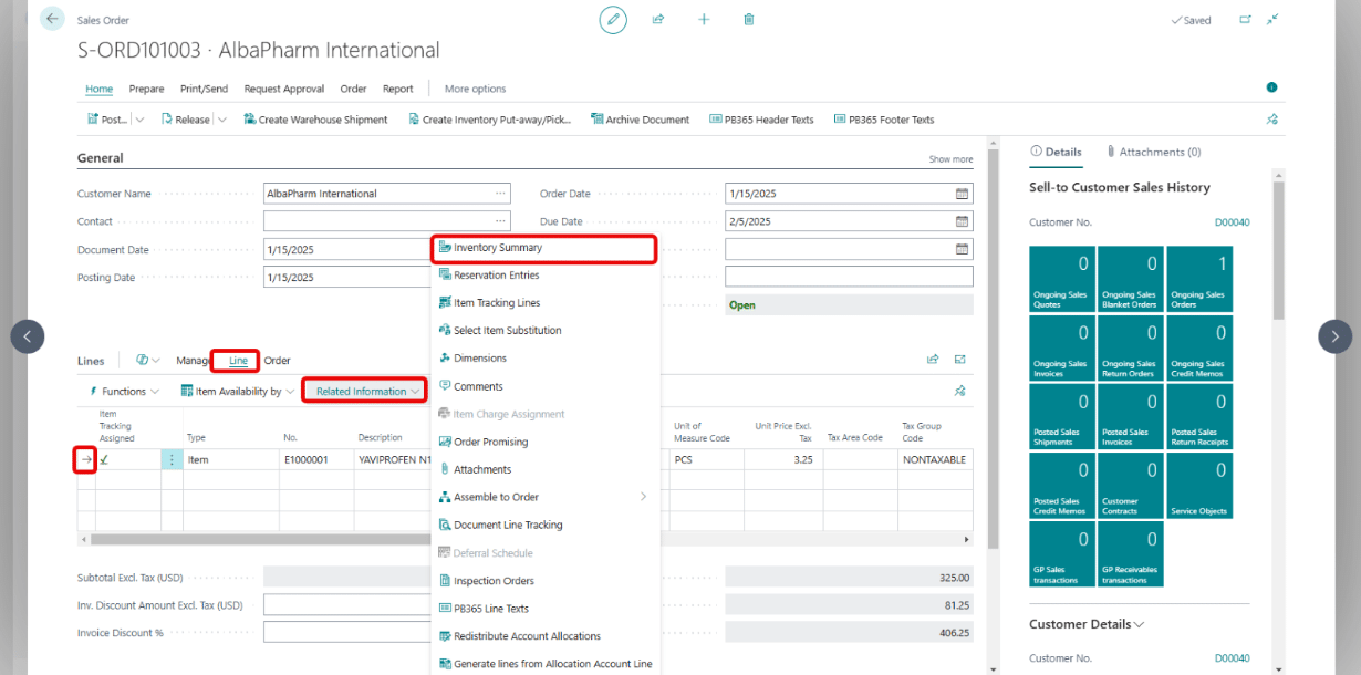 inventory summary for sales quotes and sales orders