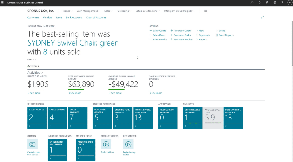 Business Central home screen