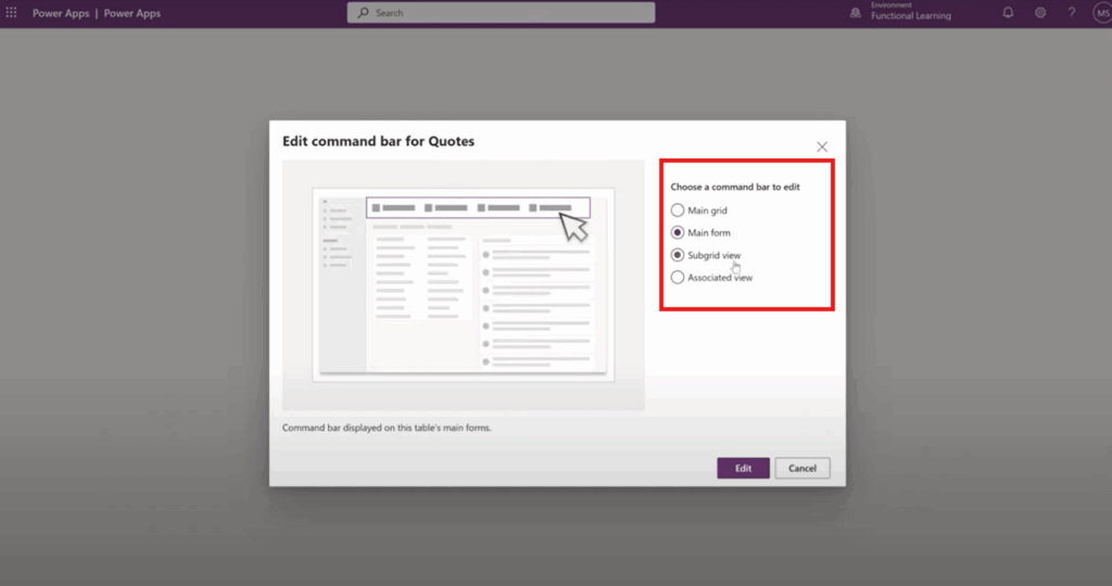 Choosing the type of command bar to edit