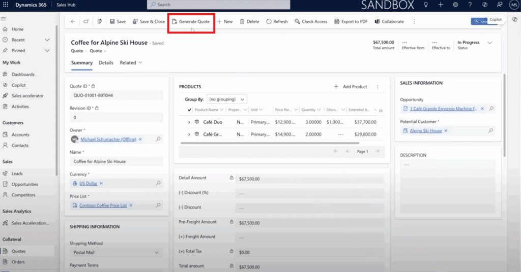 Generate quote button now populated in command bar