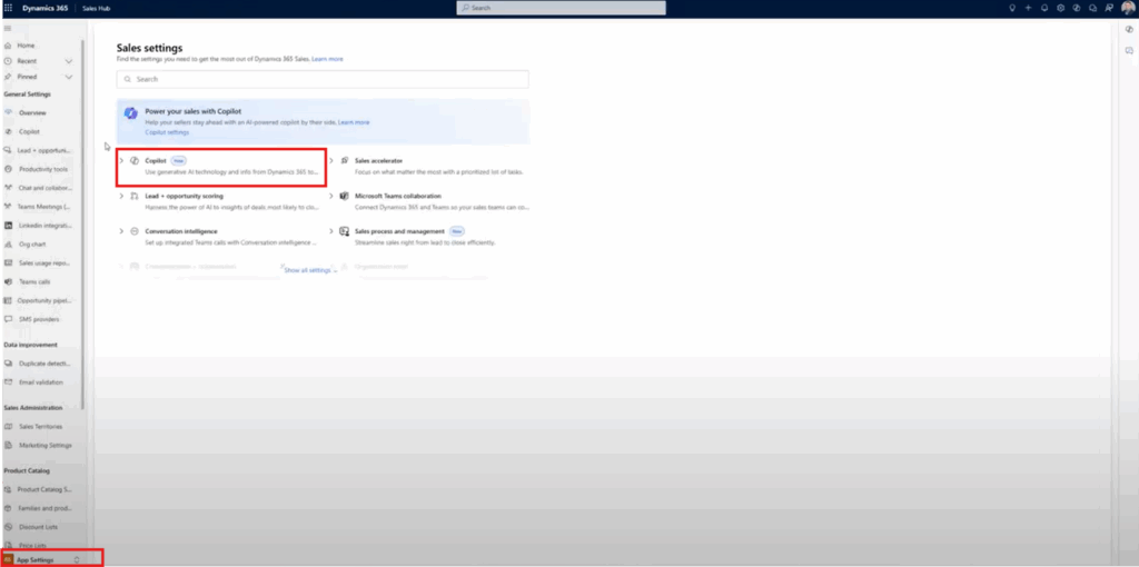 App Settings Copilot area of Dynamics 365 Sales