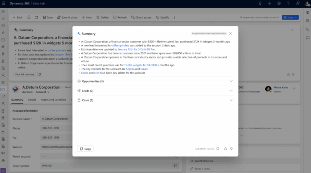 Copilot Summary In D365 Sales Hub