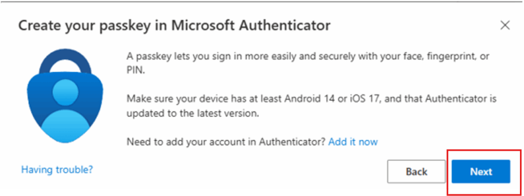 Create a passkey Microsoft Authenticator Next