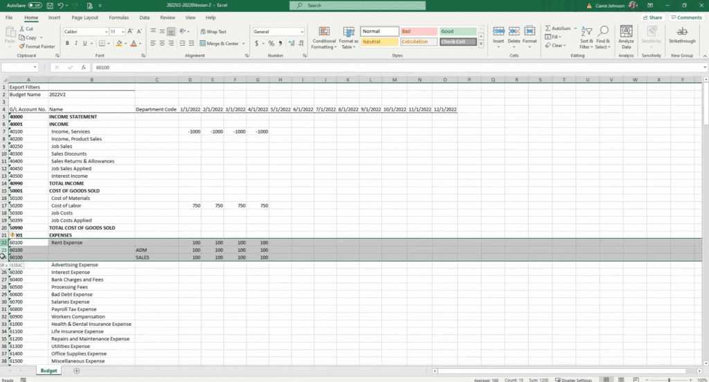 Editing budget in Excel