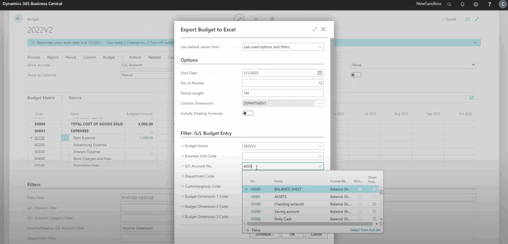 Export budget to excel