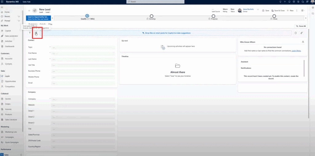 Smart Paste Creating records in Dynamics 365 Sales with Copilot