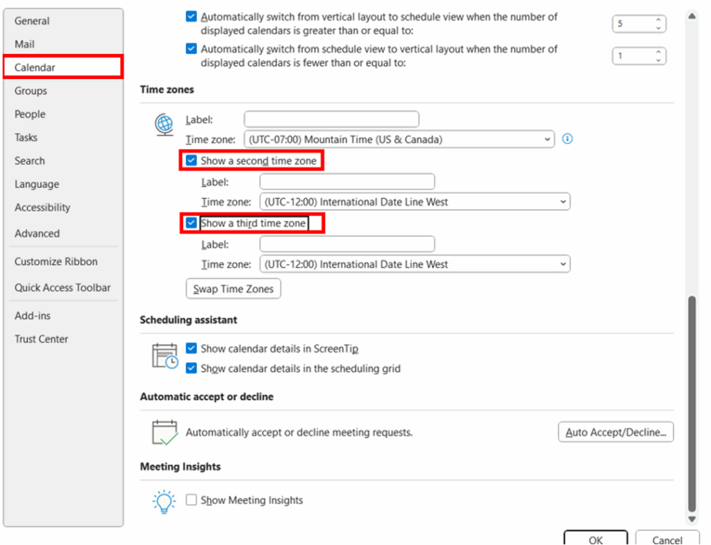Change or add time zones to outlook calendar