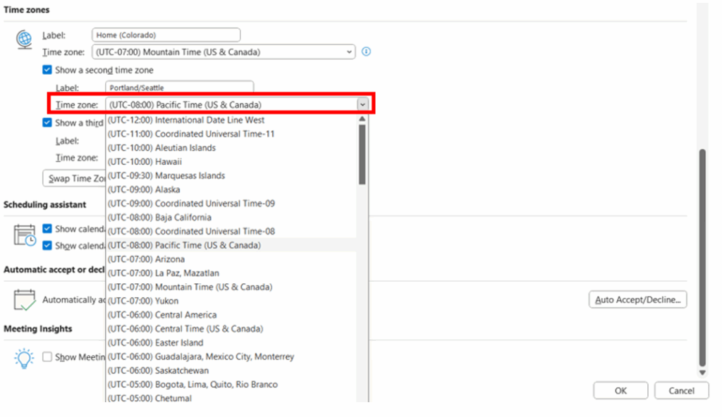 Time zone drop down menu