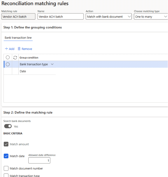 Advanced Reconciliation D365 Finance DefineMatchingRule