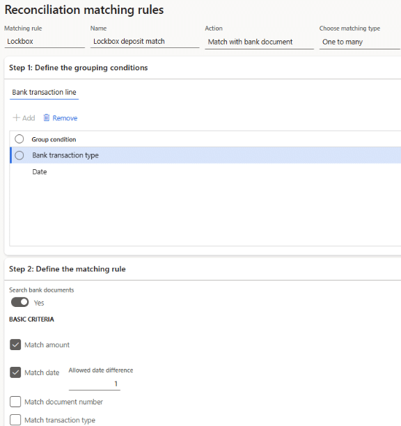 Advanced Reconciliation D365 Finance GroupingConditions