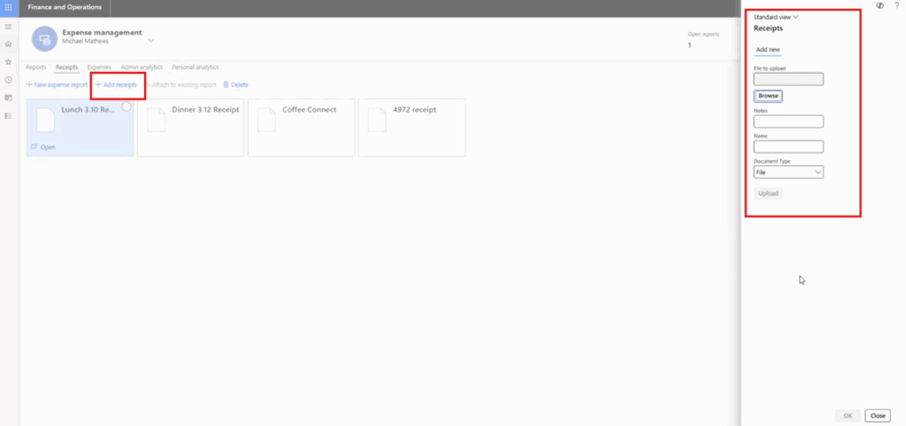 Add new receipt to expense report