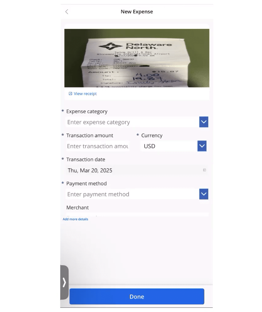 Attach receipt to create expense in mobile app