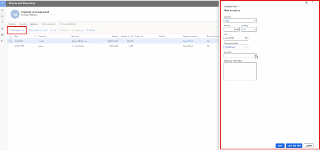 Creating a new expense