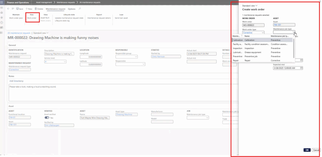 Creating new work order for maintenance request