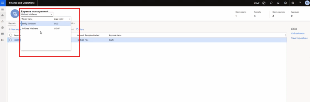 Expense management drop down menu for other records