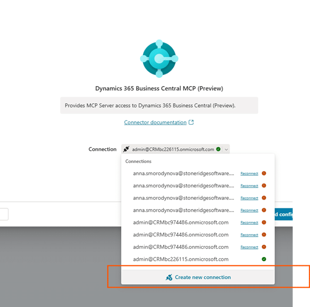 MCP BC Copilot Create new connection