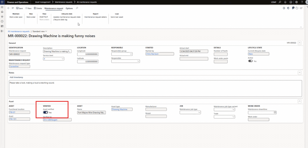 Maintenance request verified