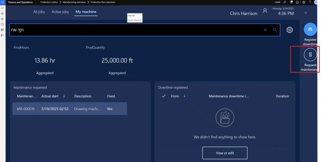 Request maintenance button in production floor execution