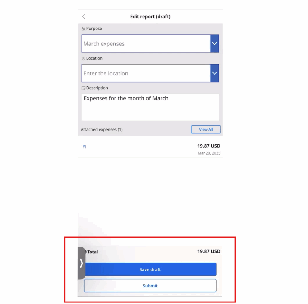 Save draft or Submit expense report on mobile