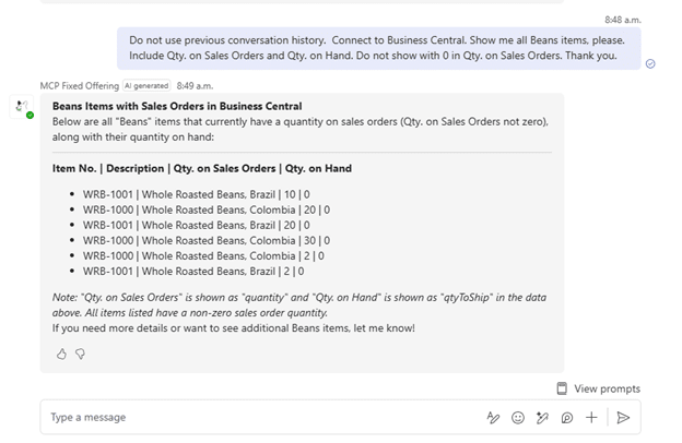 BC Customer Service Beans items with sales order