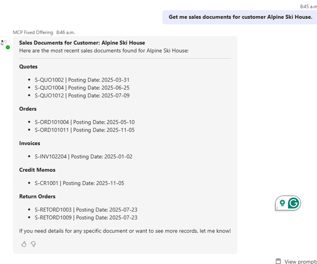 BC Customer Service Sales Document for Customer