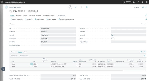 BC Customer Service Sales Invoice Lines right API results