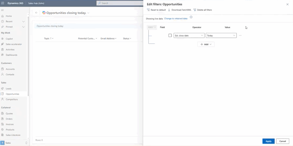 Dynamic Filter - Opportunities closing today