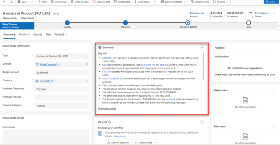 CRM opportunity record showing sales pipeline stages and a summary panel