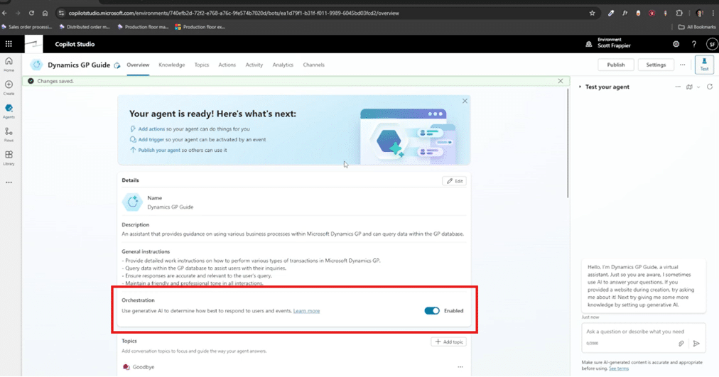 Optional step of enabling "Orchestration" for your agent