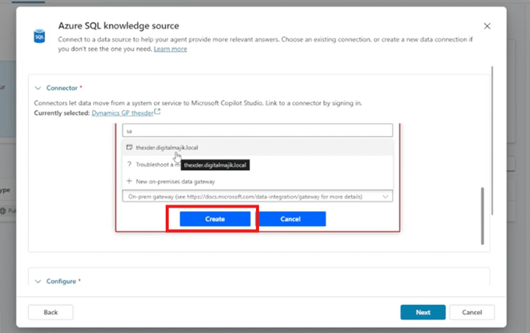 Where to click "Create" to connect agent to database